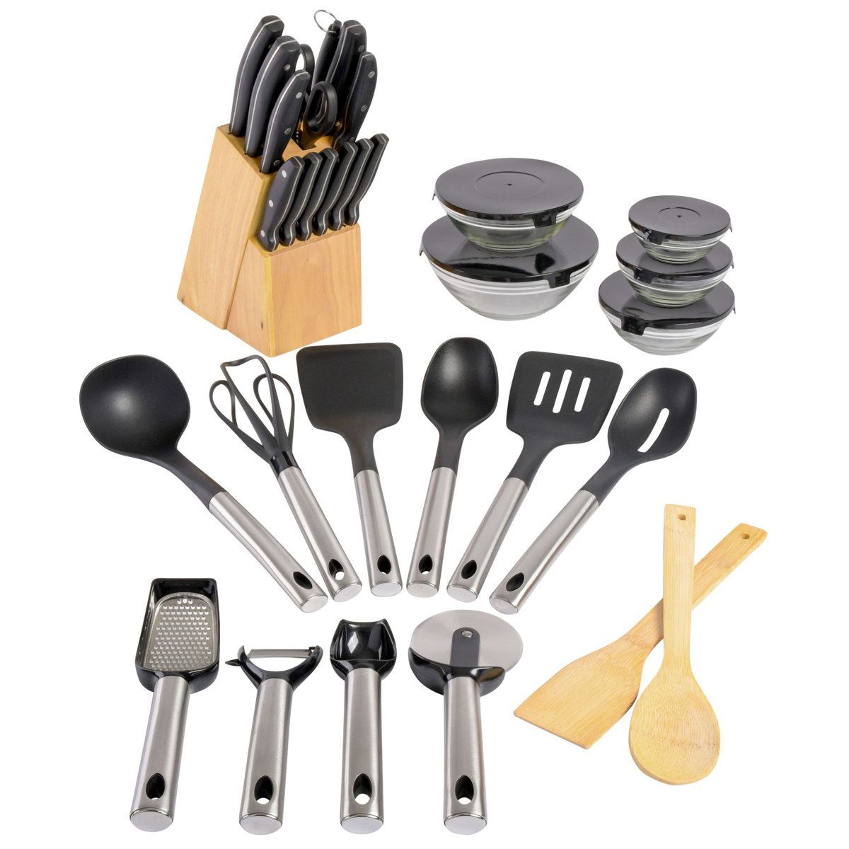 Gibson Home 95 Piece Kitchen in a Box Pots and Pans Cookware, Plates and Bowls Dinnerware, Cutlery Knife Block, Flatware Utensils, Tools & Gadgets, Storage, Glasses Set
